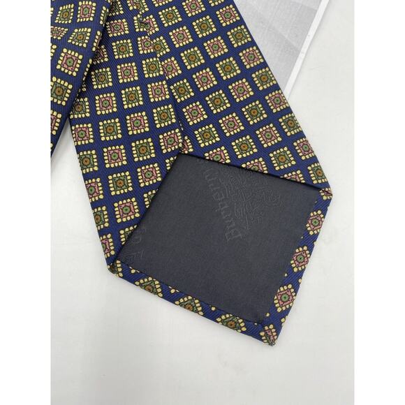 Authenticated Burberrys 100 % Silk Tie Blue Yellow Orange Geometric Fouland - Picture 5 of 12